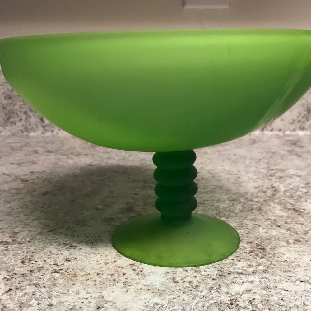 Vintage MCM cased Satin glass green compote; large with knobby stem.
